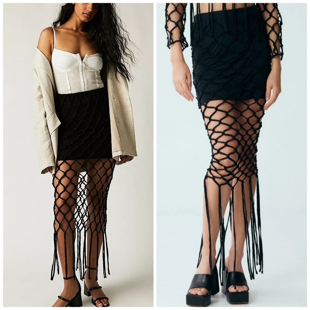 NWT Third Form Free People Net Fringe Maxi Skirt Black $290 Sz 4
